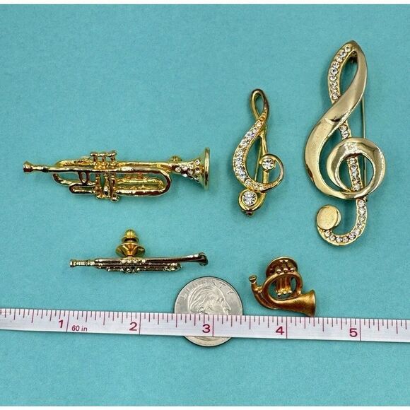 Vintage Gold Tone Music‎ Band Theme Brooch Pin Lot Of 5 Clef Trumpet Rhinestone - Picture 4 of 12